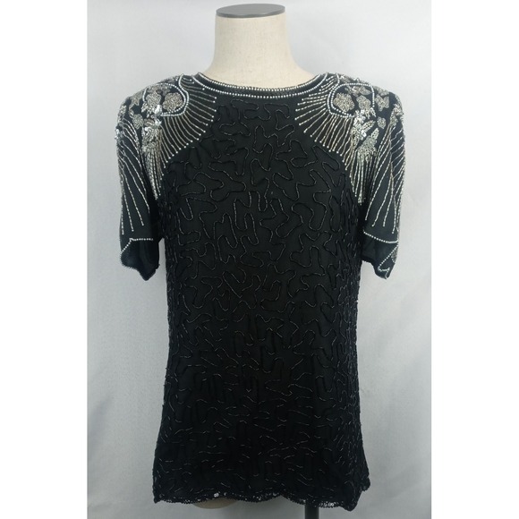 PURE SILK-Black Sequin-T-Shirt Style Top Blouse Womens Small Fallen Angel Design - Picture 1 of 16